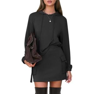 imageEXLURA Women Two Piece Set Cotton Sweatsuit Travel Airport Outfits Fall Tracksuit Hooded Sweatshirt Cargo Skort Skirt PocketsBlack