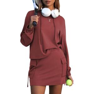 imageEXLURA Women Two Piece Set Cotton Sweatsuit Travel Airport Outfits Fall Tracksuit Hooded Sweatshirt Cargo Skort Skirt PocketsCaramel