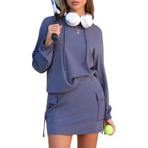 imageEXLURA Women Two Piece Set Cotton Sweatsuit Travel Airport Outfits Fall Tracksuit Hooded Sweatshirt Cargo Skort Skirt PocketsDark Blue