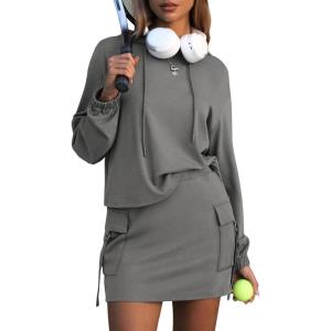 imageEXLURA Women Two Piece Set Cotton Sweatsuit Travel Airport Outfits Fall Tracksuit Hooded Sweatshirt Cargo Skort Skirt PocketsGrey