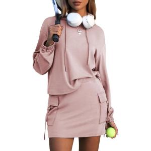 imageEXLURA Women Two Piece Set Cotton Sweatsuit Travel Airport Outfits Fall Tracksuit Hooded Sweatshirt Cargo Skort Skirt PocketsGrey Pink