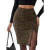imageEXLURA Womens Fall Bodycon Sexy Leopard Pencil Skirt Elastic High Waisted Midi Skirt Knee Length with Button Slit 2025Brown