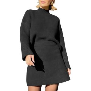 imageEXLURA Womens 2 Piece Outfits Casual Sweater Dress Sets Long Sleeve Mock Neck Ribbed Knit Tops Bodycon Skirts Winter ClothesBlack