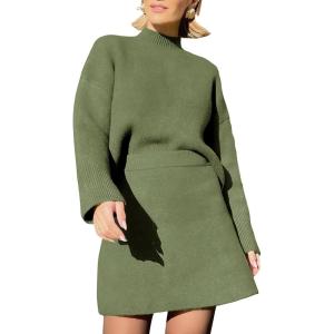 imageEXLURA Womens 2 Piece Outfits Casual Sweater Dress Sets Long Sleeve Mock Neck Ribbed Knit Tops Bodycon Skirts Winter ClothesGreen