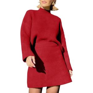 imageEXLURA Womens 2 Piece Outfits Casual Sweater Dress Sets Long Sleeve Mock Neck Ribbed Knit Tops Bodycon Skirts Winter ClothesRed