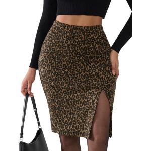 imageEXLURA Womens Fall Bodycon Sexy Leopard Pencil Skirt Elastic High Waisted Midi Skirt Knee Length with Button Slit 2025Brown