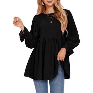 imageEXLURA Womens Fall Long Sleeve Loose Blouses Swiss Dot Babydoll Shirts Dressy Casual Peplum Tunic Tops Trendy Outfits 2025Black