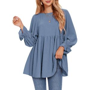 imageEXLURA Womens Fall Long Sleeve Loose Blouses Swiss Dot Babydoll Shirts Dressy Casual Peplum Tunic Tops Trendy Outfits 2025Dark Blue
