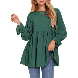 imageEXLURA Womens Fall Long Sleeve Loose Blouses Swiss Dot Babydoll Shirts Dressy Casual Peplum Tunic Tops Trendy Outfits 2025Dark Green