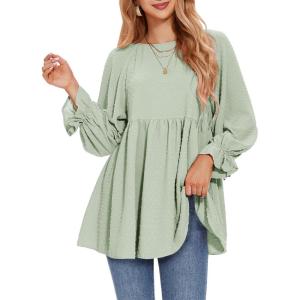 imageEXLURA Womens Fall Long Sleeve Loose Blouses Swiss Dot Babydoll Shirts Dressy Casual Peplum Tunic Tops Trendy Outfits 2025Grey Green
