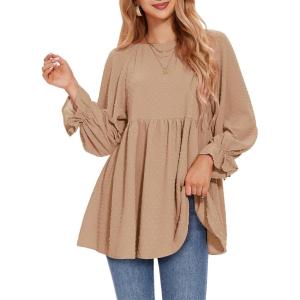 imageEXLURA Womens Fall Long Sleeve Loose Blouses Swiss Dot Babydoll Shirts Dressy Casual Peplum Tunic Tops Trendy Outfits 2025Khaki