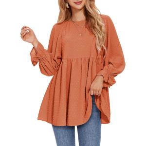 imageEXLURA Womens Fall Long Sleeve Loose Blouses Swiss Dot Babydoll Shirts Dressy Casual Peplum Tunic Tops Trendy Outfits 2025Orange Red
