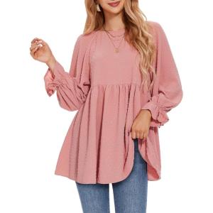 imageEXLURA Womens Fall Long Sleeve Loose Blouses Swiss Dot Babydoll Shirts Dressy Casual Peplum Tunic Tops Trendy Outfits 2025Pink