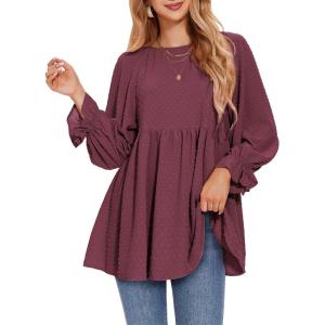 imageEXLURA Womens Fall Long Sleeve Loose Blouses Swiss Dot Babydoll Shirts Dressy Casual Peplum Tunic Tops Trendy Outfits 2025Wine Red