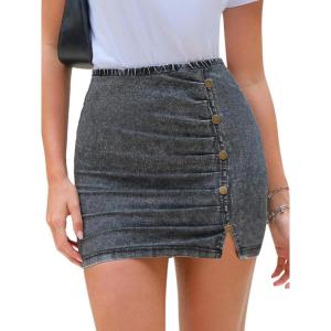 imageEXLURA Womens Mini Denim Skirt High Waisted Stretchy Jean Skirts with Slit Trendy Casual Slim Fit Short SkirtsGrey