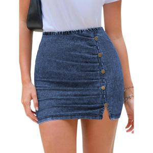 imageEXLURA Womens Mini Denim Skirt High Waisted Stretchy Jean Skirts with Slit Trendy Casual Slim Fit Short SkirtsLight Blue