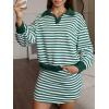 imageEXLURA Women Fall Two Piece Sets Airport Outfits 2025 Cotton Striped Sweatshirt Matching Skirt Skort Workout Travel TracksuitGreen White