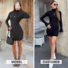 imageEXLURA Women Sweater Dress Fall Winter Bell Long Sleeve Mini Dresses Turtleneck Pullover Ribbed Knit Stretch Bodycon DressBlack