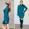 imageEXLURA Women Sweater Dress Fall Winter Bell Long Sleeve Mini Dresses Turtleneck Pullover Ribbed Knit Stretch Bodycon DressBlue Green