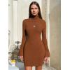 imageEXLURA Women Sweater Dress Fall Winter Bell Long Sleeve Mini Dresses Turtleneck Pullover Ribbed Knit Stretch Bodycon DressCaramel