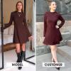 imageEXLURA Womens Fall Long Sleeve Mock Neck Mini Dress Textured ALine Elegant Wedding Guest Party Cocktail Short Dresses 2025Brown