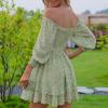 imageEXLURA Womens Floral Ruffle Sun Dress Sundress Tiered Square Neck Long Sleeve Off Shoulder Smocked Skater Mini DressGreen