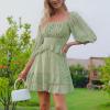 imageEXLURA Womens Floral Ruffle Sun Dress Sundress Tiered Square Neck Long Sleeve Off Shoulder Smocked Skater Mini DressGreen