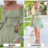 imageEXLURA Womens Floral Ruffle Sun Dress Sundress Tiered Square Neck Long Sleeve Off Shoulder Smocked Skater Mini DressGreen