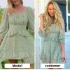 imageEXLURA Womens Floral Ruffle Sun Dress Sundress Tiered Square Neck Long Sleeve Off Shoulder Smocked Skater Mini DressGreen