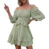 imageEXLURA Womens Floral Ruffle Sun Dress Sundress Tiered Square Neck Long Sleeve Off Shoulder Smocked Skater Mini DressGreen