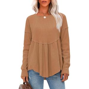 imageEXLURA Waffle Knit Long Sleeve Shirts for Womens Crewneck Loose Babydoll Tunic Tops Maternity Tops Fall Fashion 2025 ClothesKhaki
