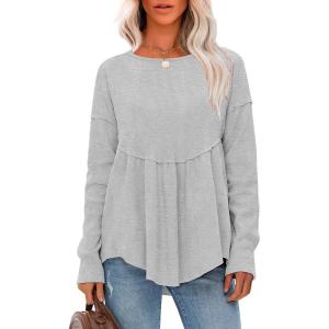 imageEXLURA Waffle Knit Long Sleeve Shirts for Womens Crewneck Loose Babydoll Tunic Tops Maternity Tops Fall Fashion 2025 ClothesLight Grey