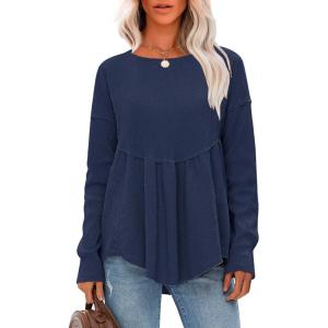 imageEXLURA Waffle Knit Long Sleeve Shirts for Womens Crewneck Loose Babydoll Tunic Tops Maternity Tops Fall Fashion 2025 ClothesNavy Blue