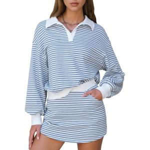 imageEXLURA Women Fall Two Piece Sets Airport Outfits 2025 Cotton Striped Sweatshirt Matching Skirt Skort Workout Travel TracksuitBlue White