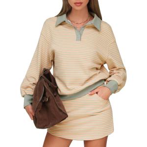 imageEXLURA Women Fall Two Piece Sets Airport Outfits 2025 Cotton Striped Sweatshirt Matching Skirt Skort Workout Travel TracksuitOrange Green