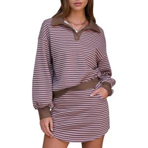 imageEXLURA Women Fall Two Piece Sets Airport Outfits 2025 Cotton Striped Sweatshirt Matching Skirt Skort Workout Travel TracksuitPink Brown
