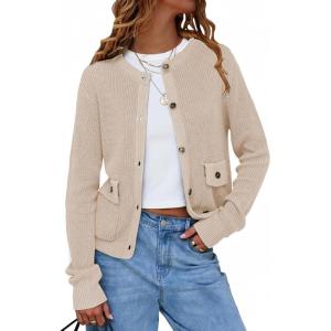 imageEXLURA Womens 2025 Knit Cardigan Sweaters Fall Winter Crewneck Open Front Button Jacket Fashion Outerwear Coats with PocketsBeige