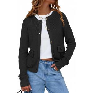 imageEXLURA Womens 2025 Knit Cardigan Sweaters Fall Winter Crewneck Open Front Button Jacket Fashion Outerwear Coats with PocketsBlack