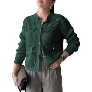 imageEXLURA Womens 2025 Knit Cardigan Sweaters Fall Winter Crewneck Open Front Button Jacket Fashion Outerwear Coats with PocketsDark Green