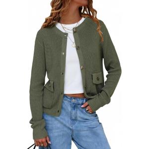 imageEXLURA Womens 2025 Knit Cardigan Sweaters Fall Winter Crewneck Open Front Button Jacket Fashion Outerwear Coats with PocketsGreen