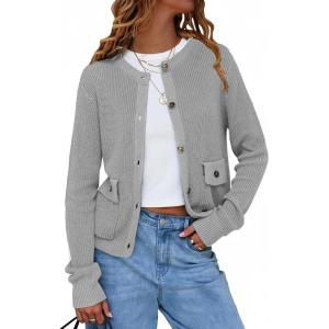 imageEXLURA Womens 2025 Knit Cardigan Sweaters Fall Winter Crewneck Open Front Button Jacket Fashion Outerwear Coats with PocketsGrey