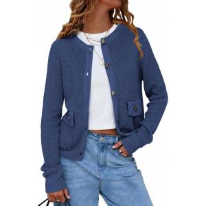 imageEXLURA Womens 2025 Knit Cardigan Sweaters Fall Winter Crewneck Open Front Button Jacket Fashion Outerwear Coats with PocketsNavy
