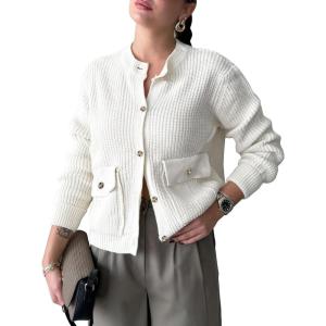 imageEXLURA Womens 2025 Knit Cardigan Sweaters Fall Winter Crewneck Open Front Button Jacket Fashion Outerwear Coats with PocketsWhite