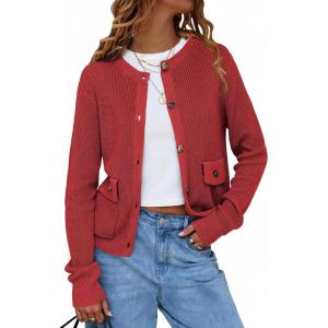 imageEXLURA Womens 2025 Knit Cardigan Sweaters Fall Winter Crewneck Open Front Button Jacket Fashion Outerwear Coats with PocketsWine Red