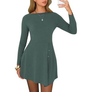 imageEXLURA Womens Fall Long Sleeve Boat Neck Casual Mini Dress Button Side Slit Cocktail Wedding Dresses Date Night Outfits 2025Dark Green