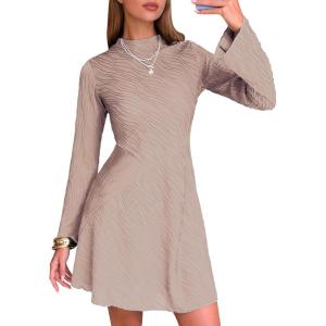 imageEXLURA Womens Fall Long Sleeve Mock Neck Mini Dress Textured ALine Elegant Wedding Guest Party Cocktail Short Dresses 2025Beige