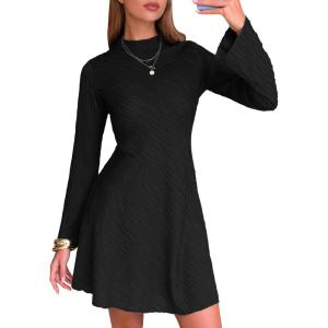 imageEXLURA Womens Fall Long Sleeve Mock Neck Mini Dress Textured ALine Elegant Wedding Guest Party Cocktail Short Dresses 2025Black