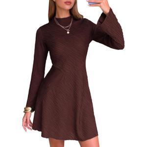 imageEXLURA Womens Fall Long Sleeve Mock Neck Mini Dress Textured ALine Elegant Wedding Guest Party Cocktail Short Dresses 2025Brown
