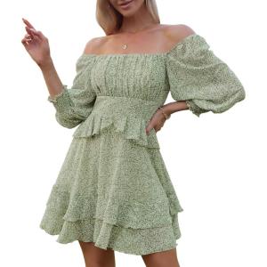 imageEXLURA Womens Floral Ruffle Sun Dress Sundress Tiered Square Neck Long Sleeve Off Shoulder Smocked Skater Mini DressGreen