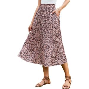imageEXLURA Womens High Waist Polka Dot Pleated Skirt Midi Swing Skirt with Pockets PinkLeopard